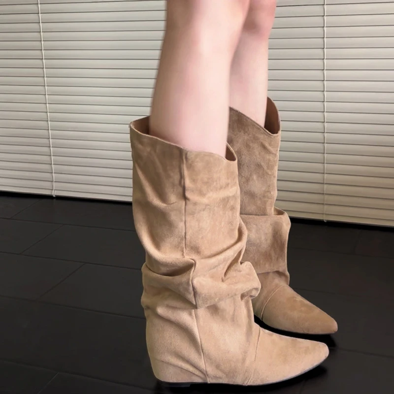 

Autumn Winter Vintage Women Mordern Boots Fashion Slip On Internal Elevation Shoes Street Style Banquet Party Botas Mujer