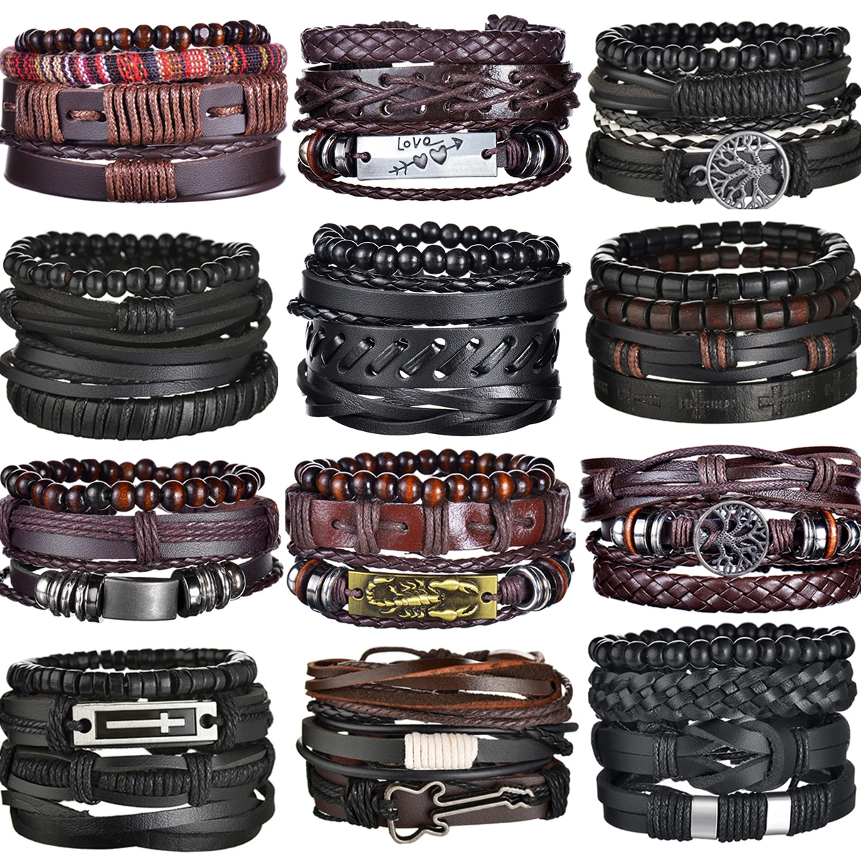 MeMolissa Vinatge Gothic Punk Braided Wrap Leather Bracelets for Men Scorpion Life Tree Wood Beads Ethnic Tribal Wristbands