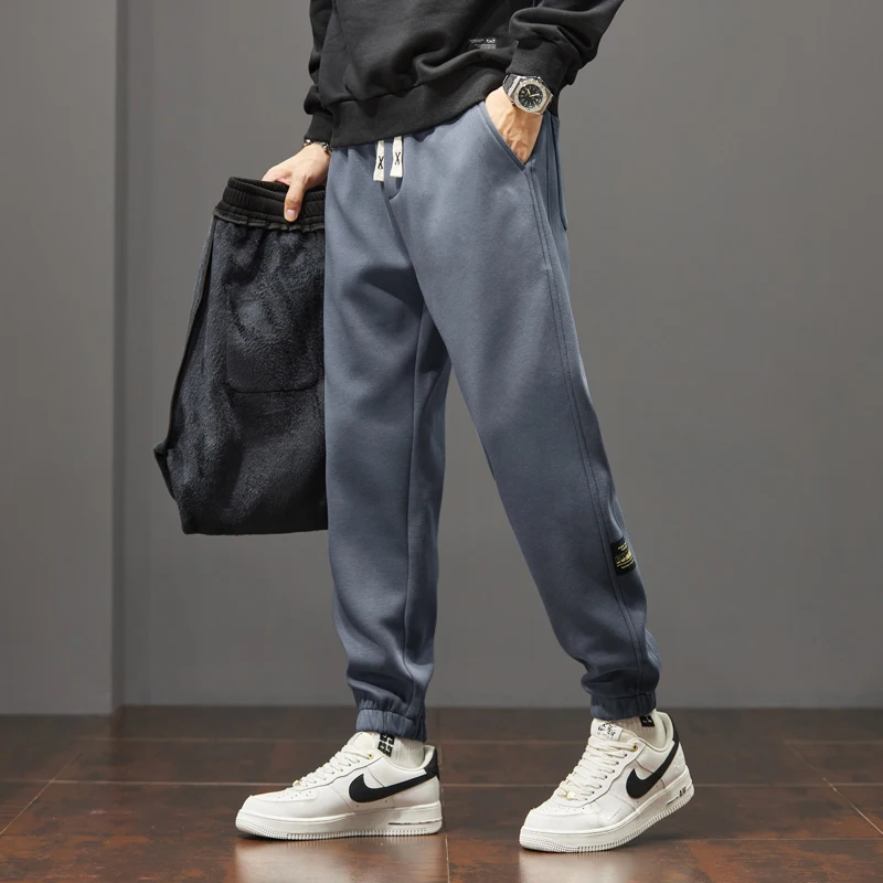 2024 Winter Style Fleece Leggings Sweatpants Men's Trendy Brand Loose Thickened Warm Sports Casual Pants Black Dark Gray