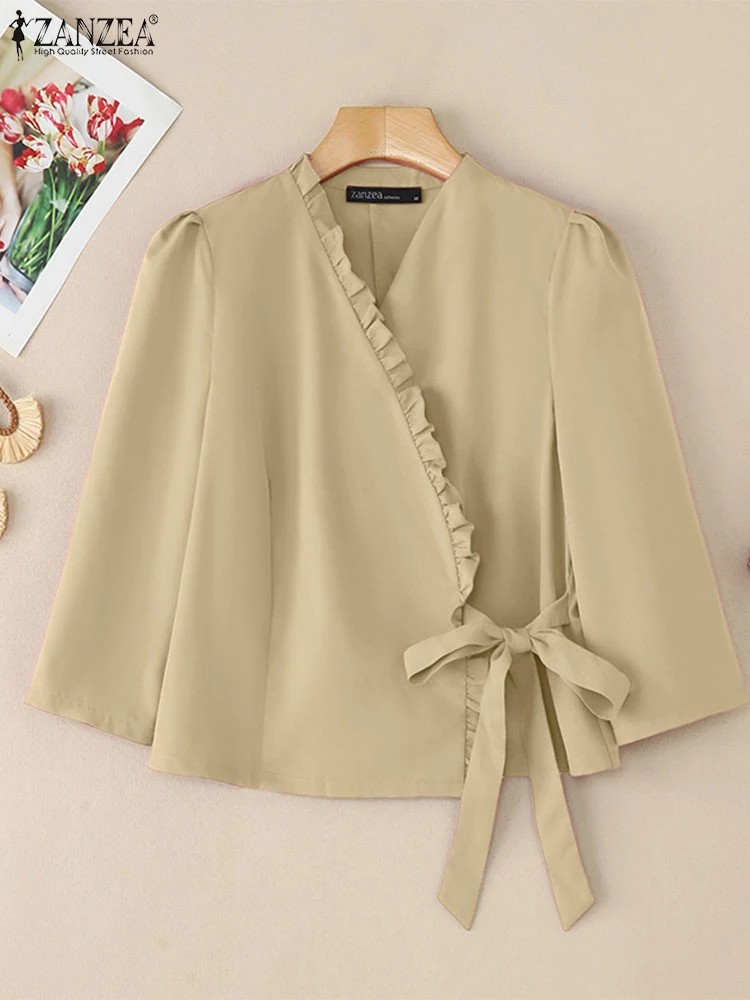 بلوزة نسائية لعام 2025 بأكمام طويلة ورقبة على شكل V من ZANZEA بلوزة خريفية أنيقة متينة قميص عمل غير رسمي برباط علوي للعطلات Blusas Mujer #2