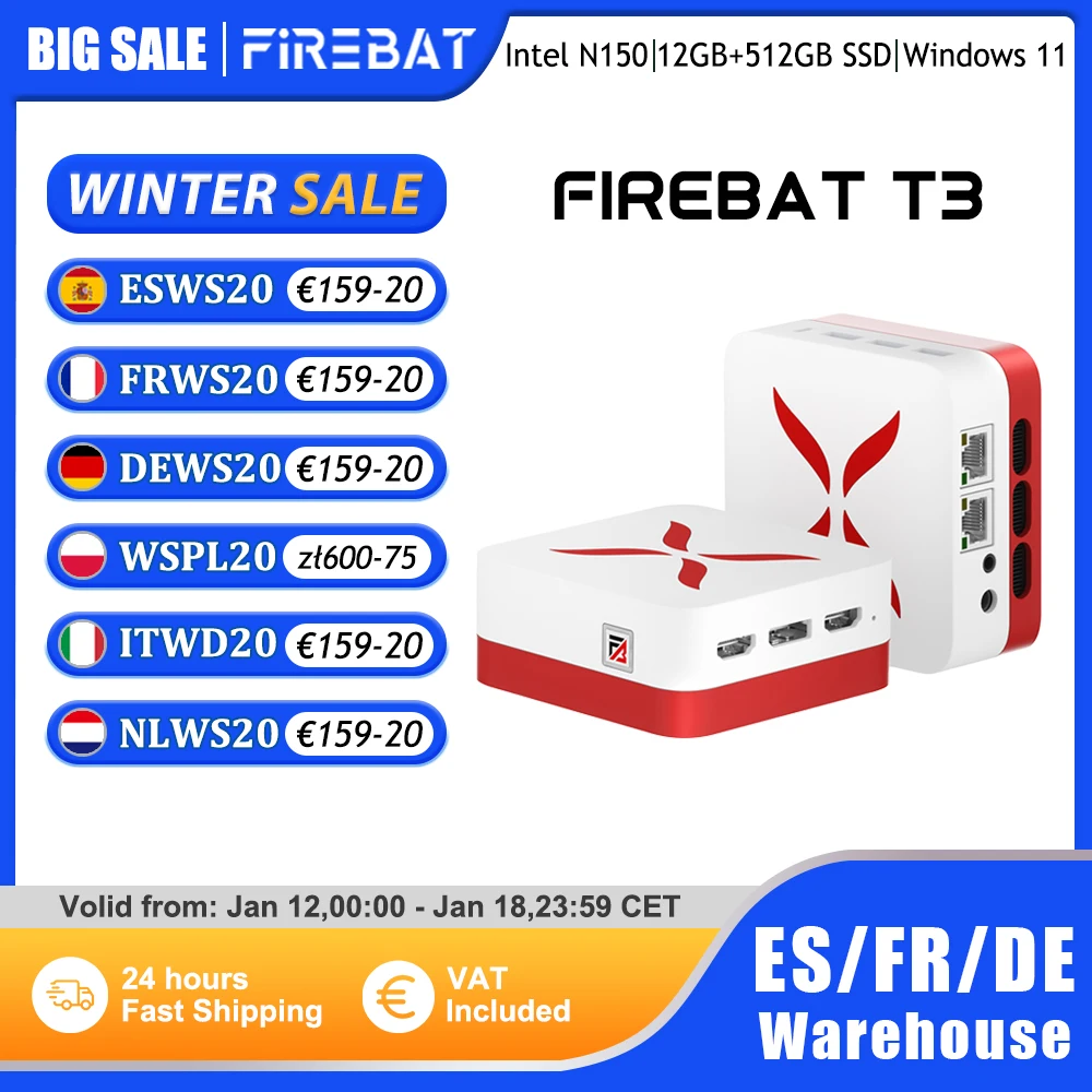 FIREBAT T3 Mini PC Intel N150 CPU Windows 11 12GB DDR5 RAM 512GB SSD Wi-Fi 5 Bluetooth 4.2 HDMI DP USB ordinateur de bureau nu