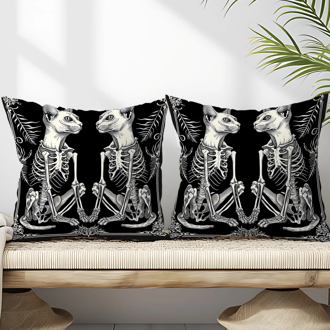 2Pcs Halloween Linen Cushion Horror Theme Pillowcase Cats Skeleton Pillow Cover Halloween Party Decoration 2025