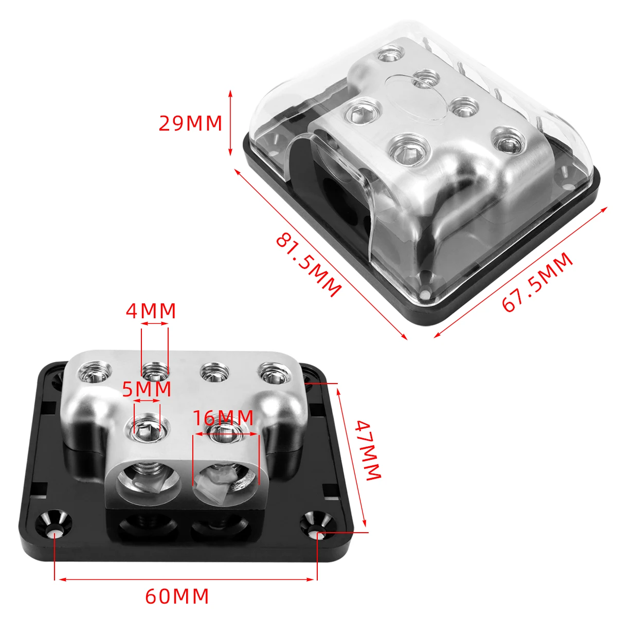 Black square two-quarter car audio amplifier modification junction box, 0GA * 2 in 0GA * 4 out ground wire box