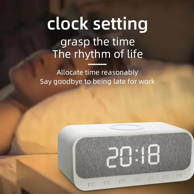 LED Digital Alarm Clock Wireless Charger Multi-function Mobile Phone 15W Fast Charge Speaker With FM Radio USB AUX Music Playing
