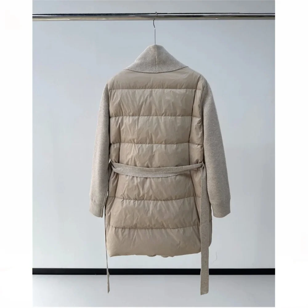 Winter L*P New Cashmere Knitting Splicing Goose Down Mid-Length Waisted Down Jacket Women