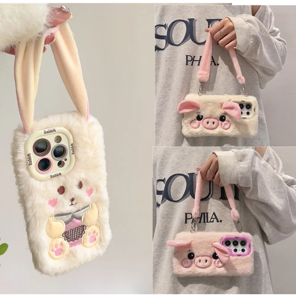 Diy bonito dos desenhos animados pulseira de pelúcia caso para iphone 16pro max caso para iphone 15 14 13 12 11 pro max capa para samsung s24alta s25