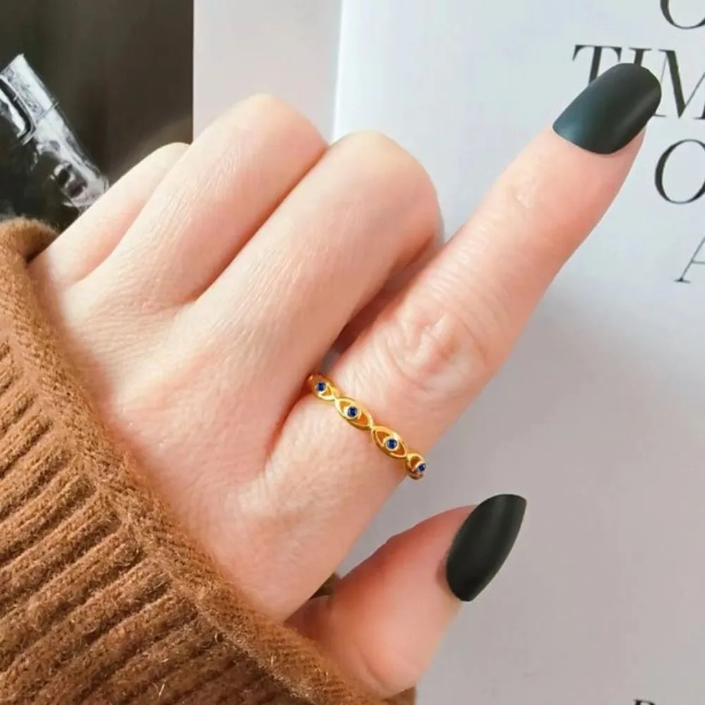 Anillo Abierto de Ojo de Demonio Único en Plata, Anillo Turco Ajustable de Moda, Anillo de Boda, Anillo de Dedo Índice con Zirconia Azul