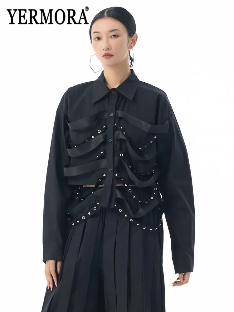 

YERMORA Black Metal Ribbon Button Casual Blouse For Women Lapel Long Sleeve Loose New Shirt Fashion Tide Spring Autumn 2025