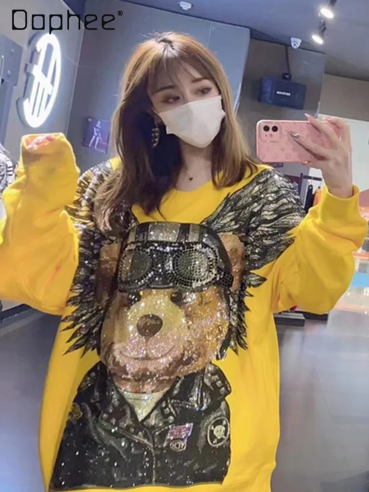 

Luxury Fashion Rhinestone Yellow Cartoon Bear Wings Crew Neck Pullover Sweatshirt Men and Women 2024 Autumn New Hoodies Women