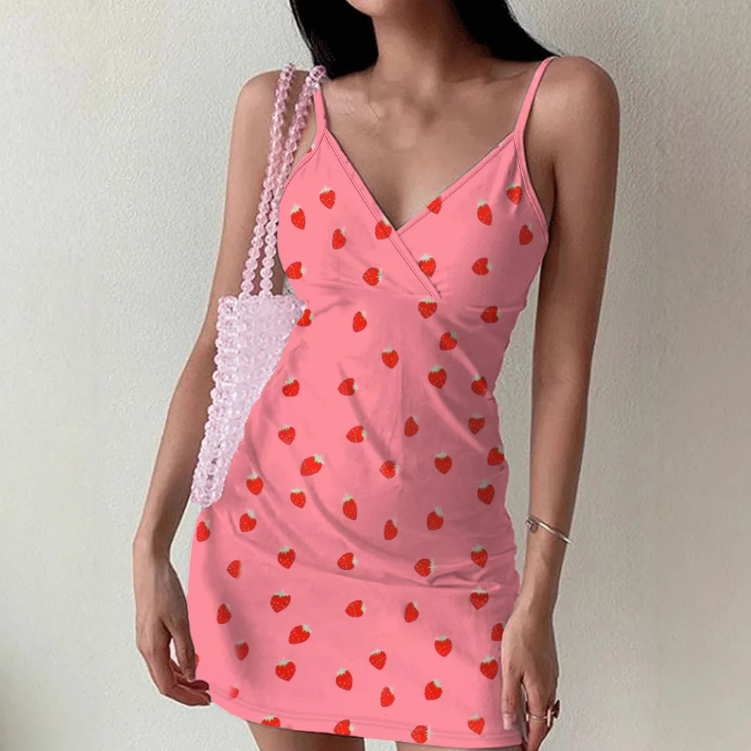 

2025 Summer New Women Strawberry Print Ribbed V Neck Sleeveless Mini Dress