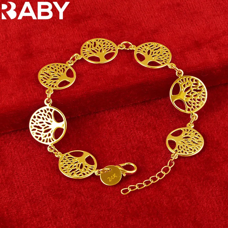 URBABY 925 Sterling Silver 18K Gold Round Tree Bracelets For Women Wedding Engagement Party Charms Jewelry Fashion Accessories