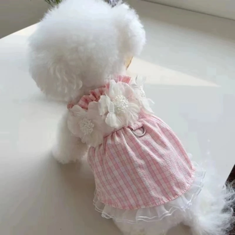 

Pet Clothes Spring/Summer New Checker Pulling Buckle Suspender Dress Teddy Bears Dogs Cats Outgoing Thin Clothing