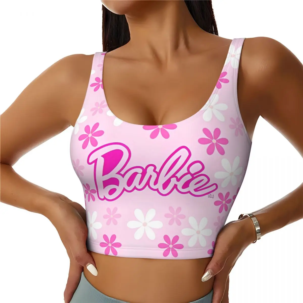 Barbie Fashion Pink Logo Yoga Crop Tank Tops Racerback Workout Sports Bra Women Doll Gym Outfits