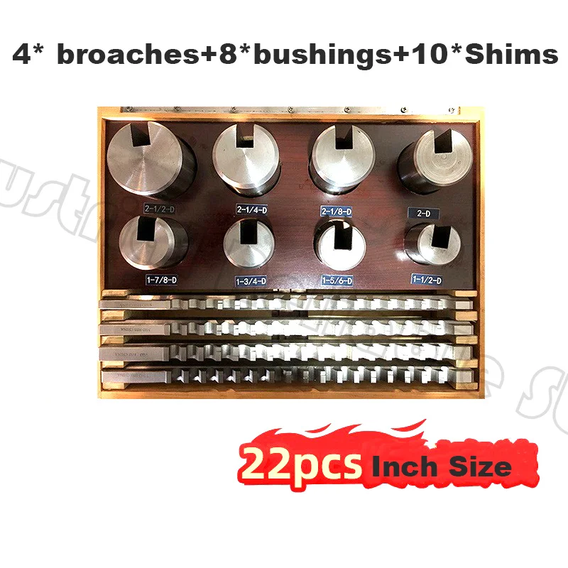 22pcs Inch Size Keyway Broach Set 5/16D 3/8D 7/16D 1/2D Broaches 1-1/2D  2-1/2D Cutting Broaching Bushings Keyway Tool CNC Kit