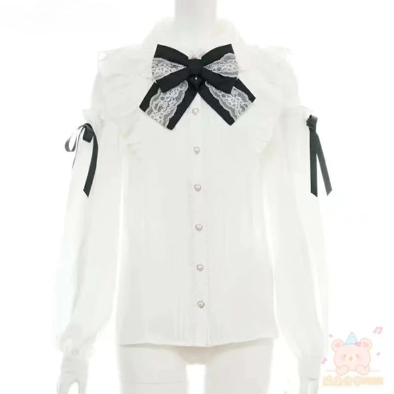 

Японский кружевной топ с бантом Sc, серия Mine, универсальная пригородная блузка массового производства, однобортная рубашка с длинными рукавами