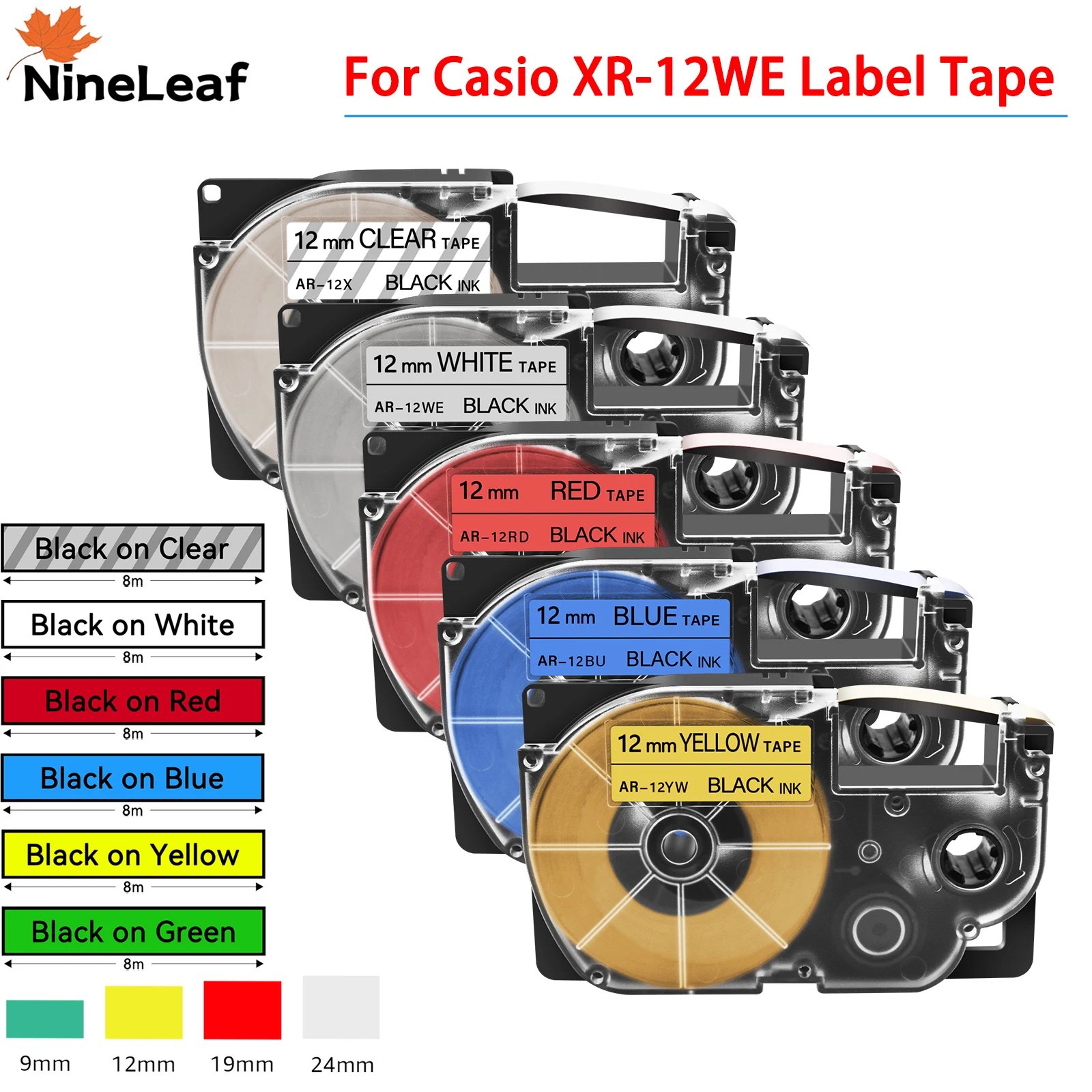 1PCS 9/12/18/24mm XR-12WE Label Tape Compatible for Casio XR-9WE XR-18WE XR-12X Labeling Ribbon For KL-120 KL-820 KL-780 Printer