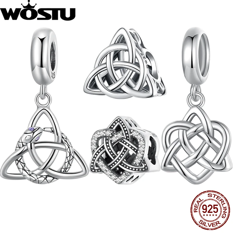 WOSTU 925 Sterling Silver Hollow Celtic Knot Charms Snake Pendant Oxidized Love Beads Fit Original Bracelet DIY Necklace Jewelry