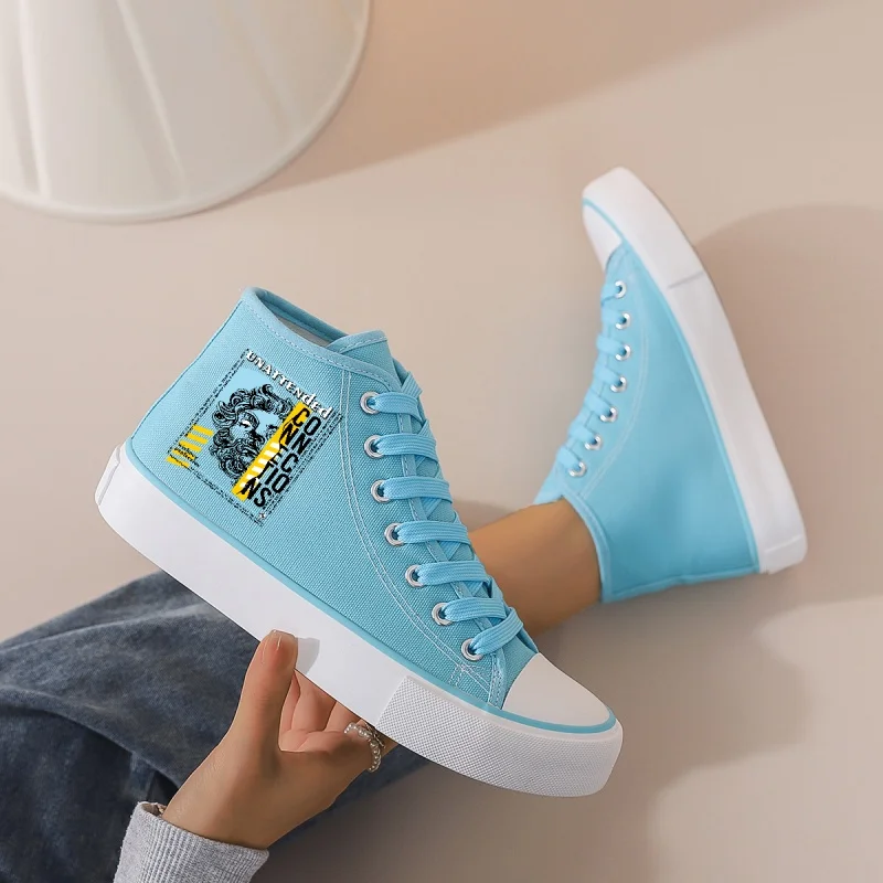 

Women's Light Blue High-Top Canvas Sneakers: Platform Sole & Lace-Up. Trendy Printed Design for Daily, Campus & Streetwear.