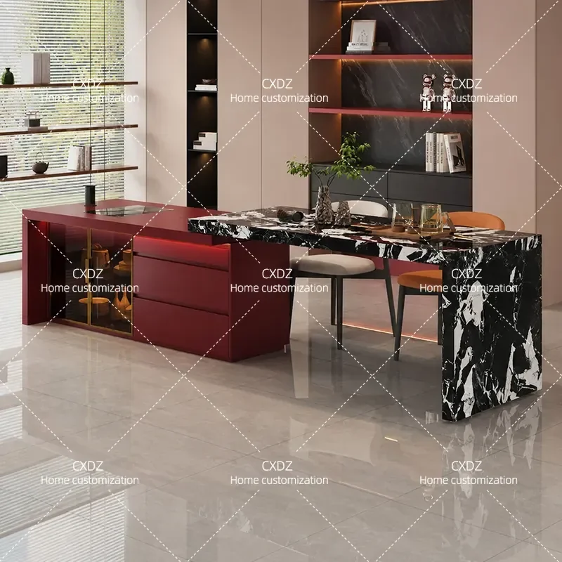 Extendable Slate Dining Table with Integrated Storage Cabinet Modern Kitchen Island Table for Home Dining Room Furniture