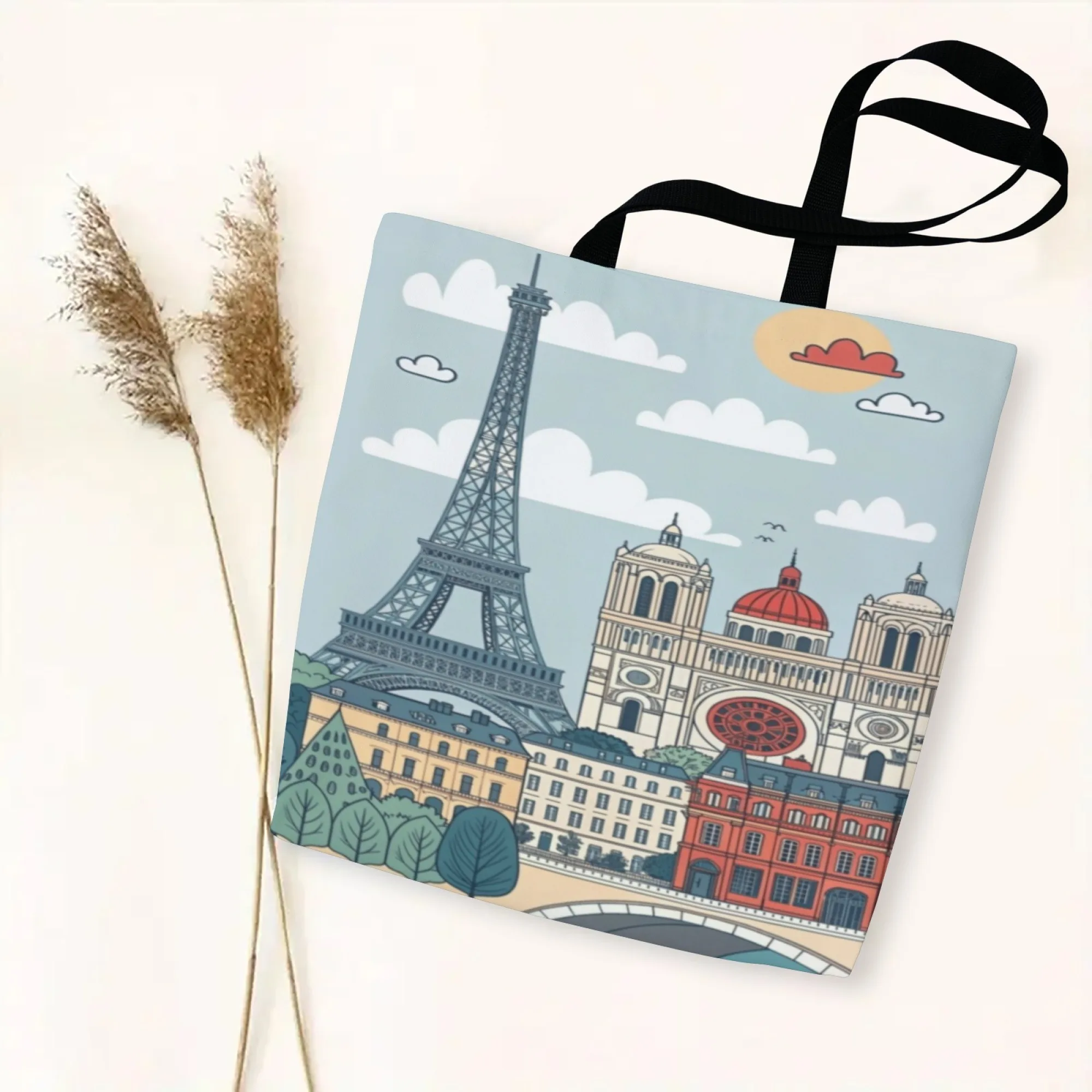 Urban Parisian Canvas Tote Bag City Landmark Art Print Women's Stylish Reusable Shopping Bag for Parisian Aesthetic Daily Life