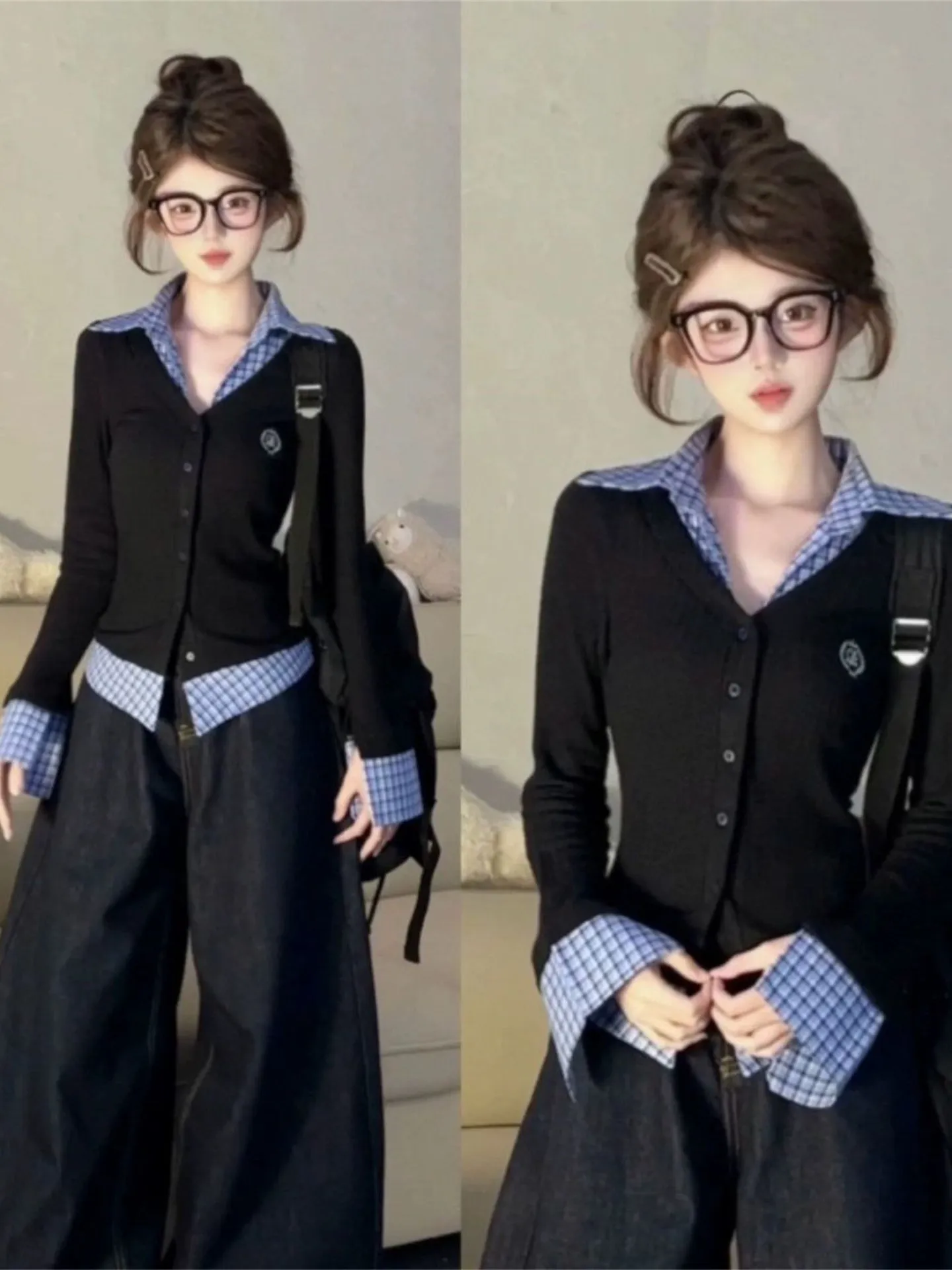 Top Feminino Slimming com Estampa Xadrez e Decote em V, Design de Primavera Único, Tamanho Pequeno, Versão Coreana para Trabalho