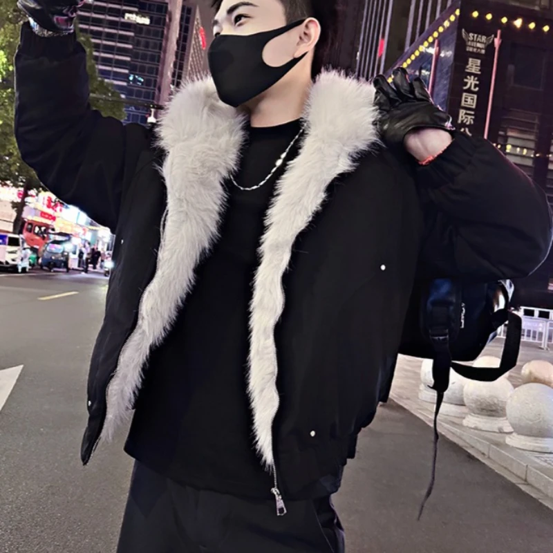 

2025 Winter Faux Fur Hooded Jacket for Men Loose Thick and Warm Cotton Parkas Trendy Social Streetwear Coats Men Clothing