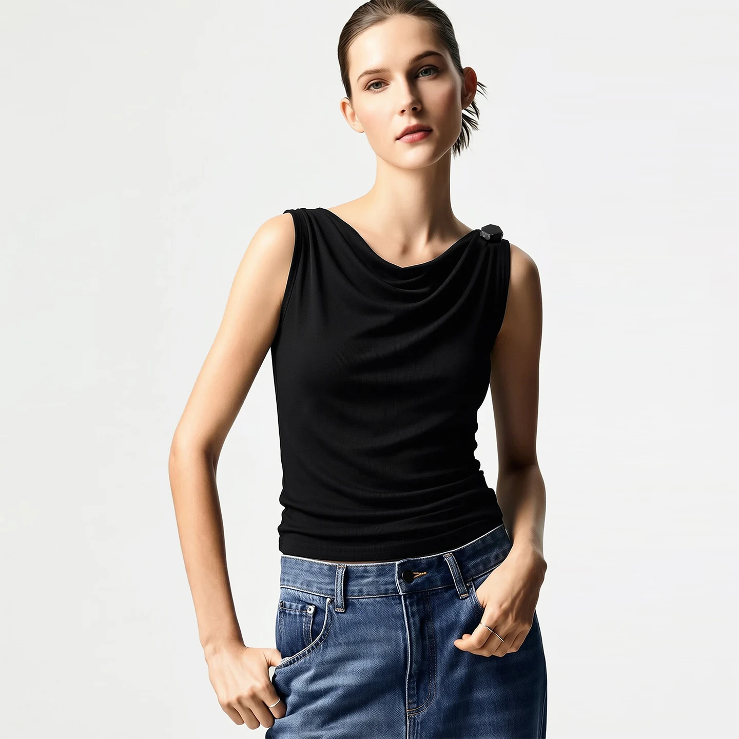 Amii Cowl Neck Women's Tank Top 2026 Summer New Stretch Knit Sleeveless Camisole Loose Casual Holiday Vest For Women 12622062