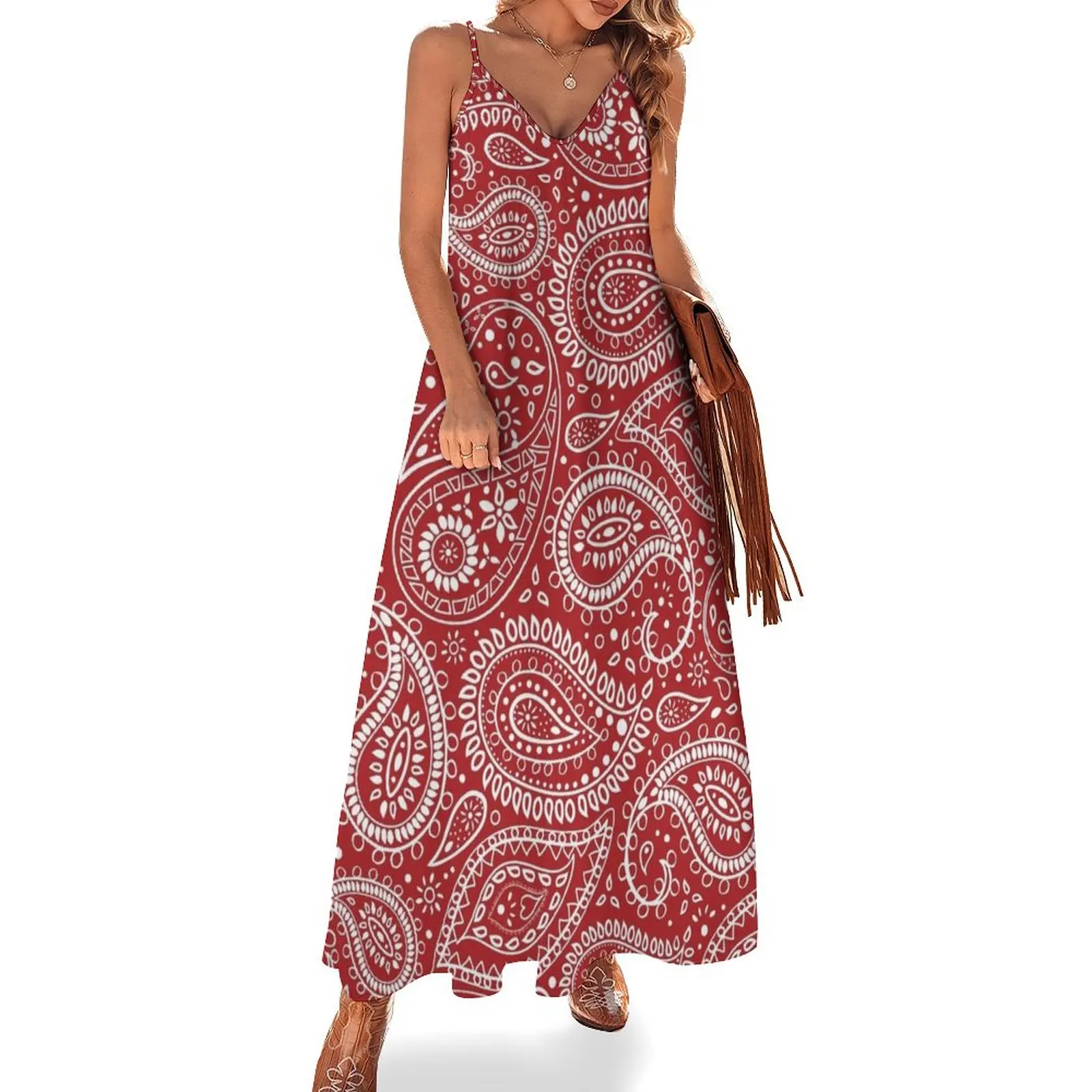 

Pretty Bohemian Art Paisley - Red and White Sleeveless Dress party dresses women dress dresses dresses for women