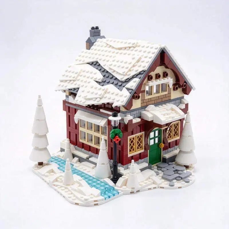 988PCS MOC Winter Snow Cabin House Model Custom Puzzle Architecture Christmas Village DIY Assembly Building Blocks Display Gift