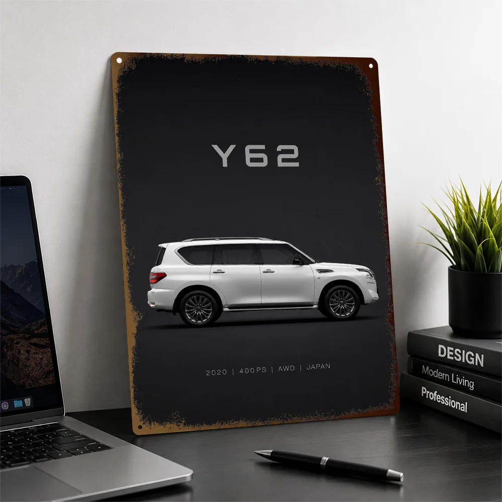 Japan Y62 White Off-Road Car Printed Poster Customized Metal Sign Rugged Terrain Tribute Wall Art For Home Office And Man Cave