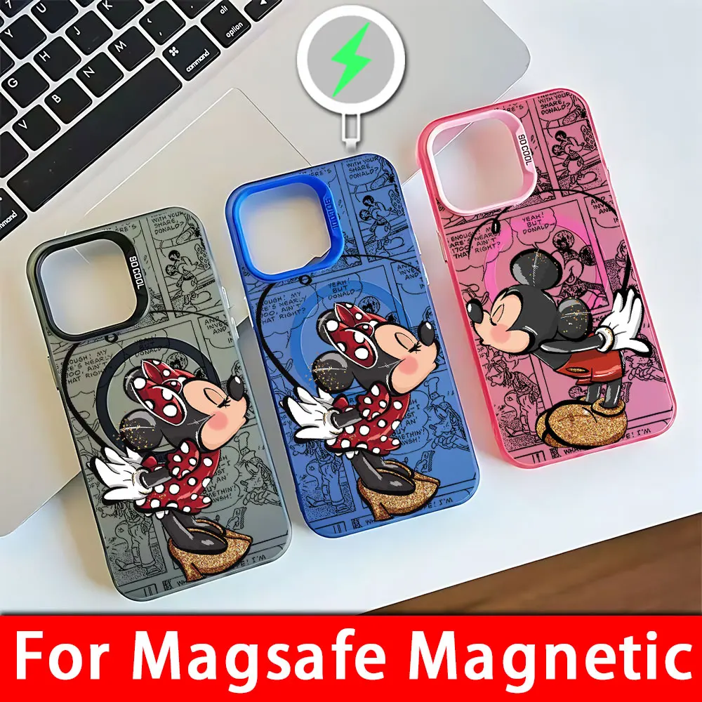 حافظة هاتف مغناطيسية كارتونية ميكي ميني للزوجين Magsafe لهاتف آيفون 11 12 13 14 15 16 Pro Max Plus غطاء مطلي بالفضة