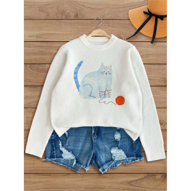 

Blue Chubby Cat Print Knit Cardigan Women's Autumn Winter Button-Up Sweater, Loose Fit, Warm Casual Fashion Gift