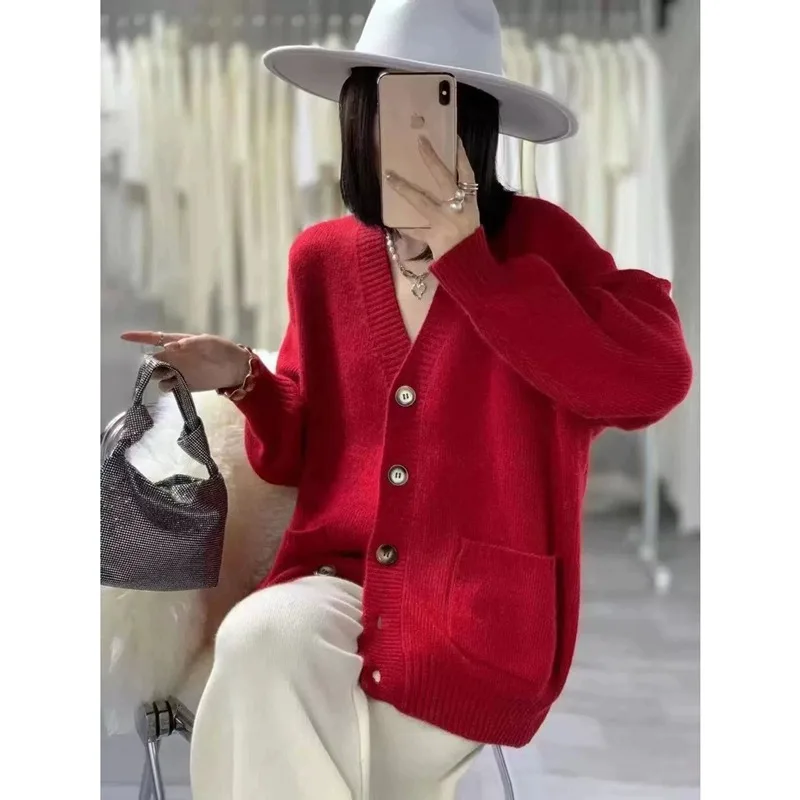 European cardigan women\'s high-end 100% pure cashmere sweater senior sense loose soft waxy lazy wind sweater coat