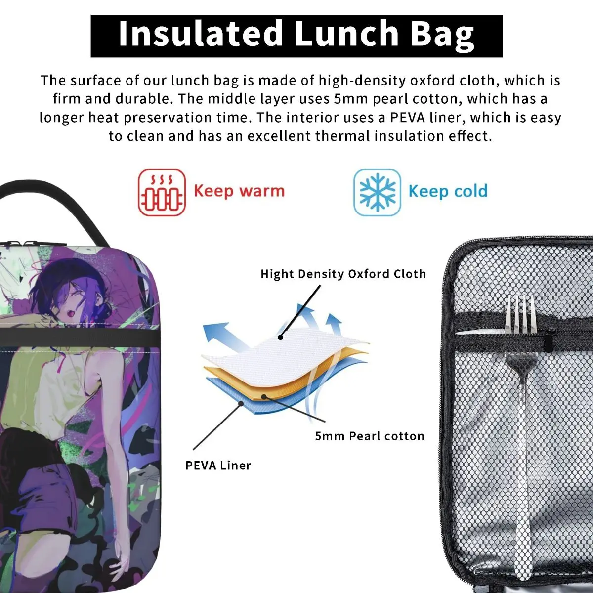 Reze فيلم بالمنشار رجل مانغا معزول أكياس الغداء قدرة عالية قابلة لإعادة الاستخدام حقيبة حرارية علب الاغذية حمل الشاطئ نزهة فتاة صبي #3