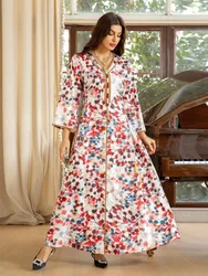 Eid Party Muslim Dress for Women Abaya V Neck Print Floral String Waist Morocco Party Dresses Kaftan Arab Long Robe Vestidos