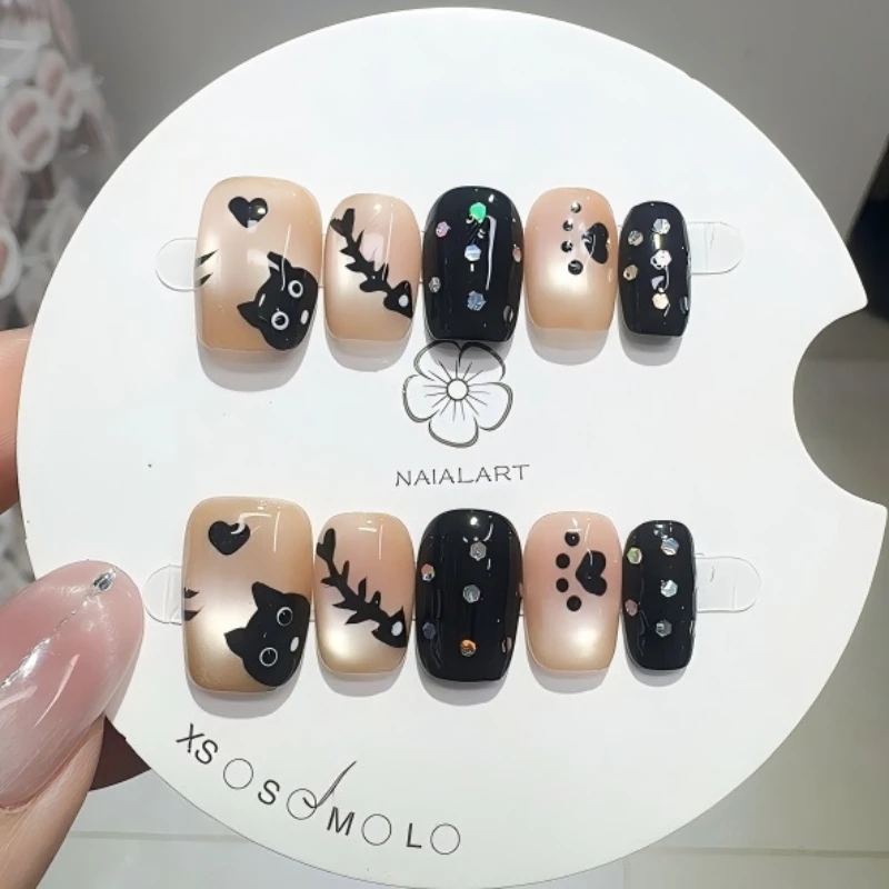 

10PCS Handmade Black Hand-painted Cat Paw Print Pressed Nail Plate Cat Eye Color Drill Short Square Fake Nail Tips