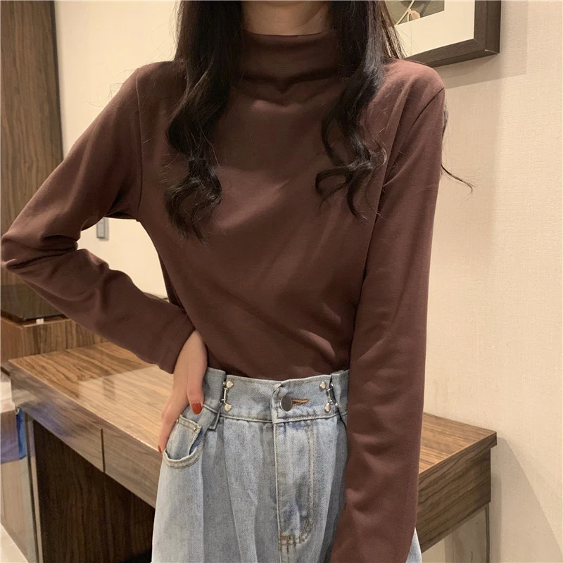 سليم صالح طويل Sve عالية Ne تي شيرت المرأة رقيقة Sle 2023 الخريف الشتاء جديد بسيط لون نقي قاعدة irt فام #5