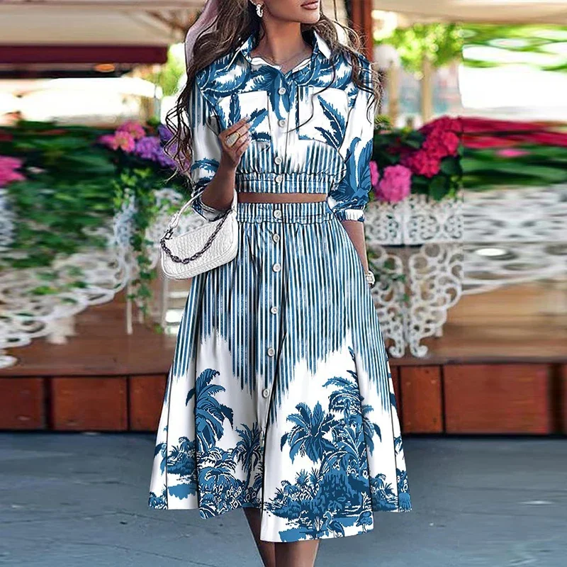 

Vacation Elegant Lapel Button Blouse Crop Top Skirts Suit Summer Striped Coconut Tree Print 2 Piece Set 3/4 Sleeve Women Outfits