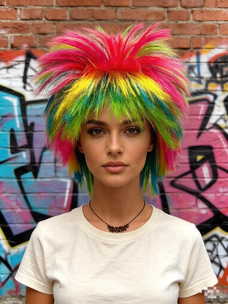 Rainbow Spiky Mohawk Synthetic Wig, Punk Rock Multicolor Layered Style for Halloween Cosplay Carnival Rave Party Costume