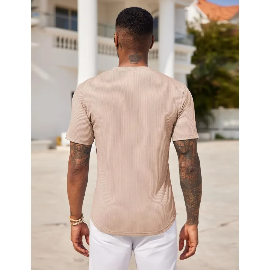 COOFANDY Mens Henley Shirts Short Sleeve Tshirt Basic Button Tees Summer Ribbed Pocket T Shirt Casual Stretch Tops