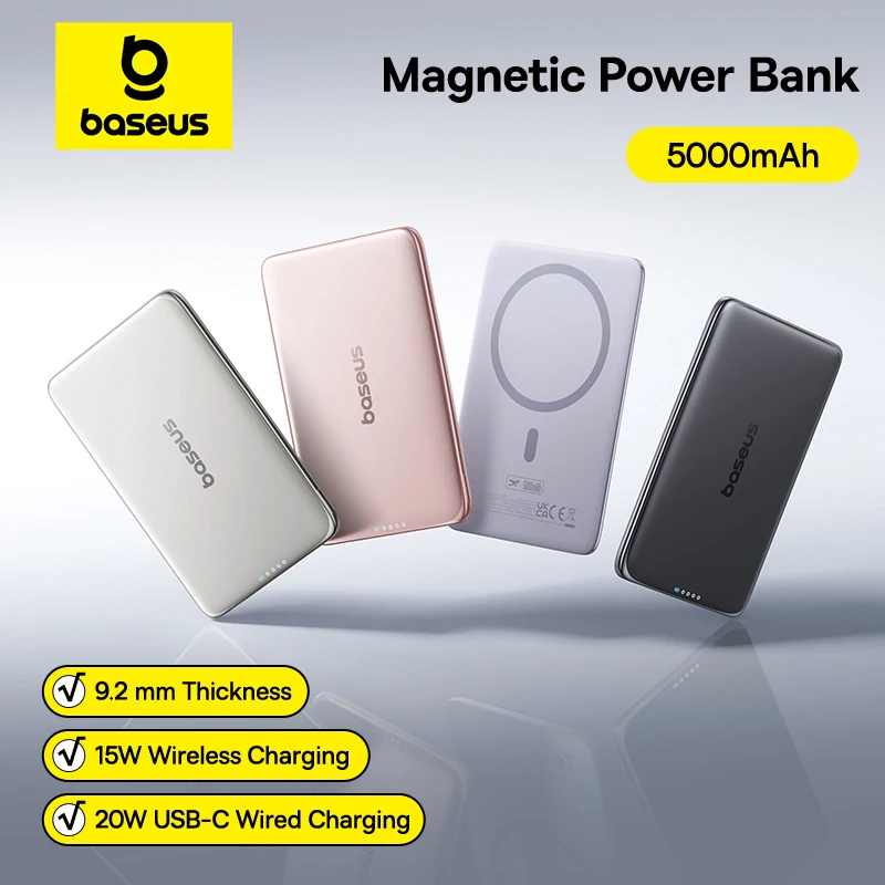 Baseus 5000mAh Magnetic Power Bank 15W Wireless 20W Wired Charging Thin Card-...