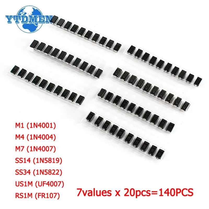 140pcs SMD Rectifier Schottky Diodes Kit 1N4007 M7 1N4001 M1 1N4004 M4 SS14 US1M RS1M SS34 7 Values*20pcs Electronic Diodes Kits