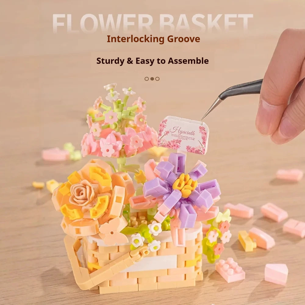 Xi Huan Flower Basket Rose Bouquet Abs Building Blocks Eternal Flower Diy Assembly Desktop Home Decoration Ornament