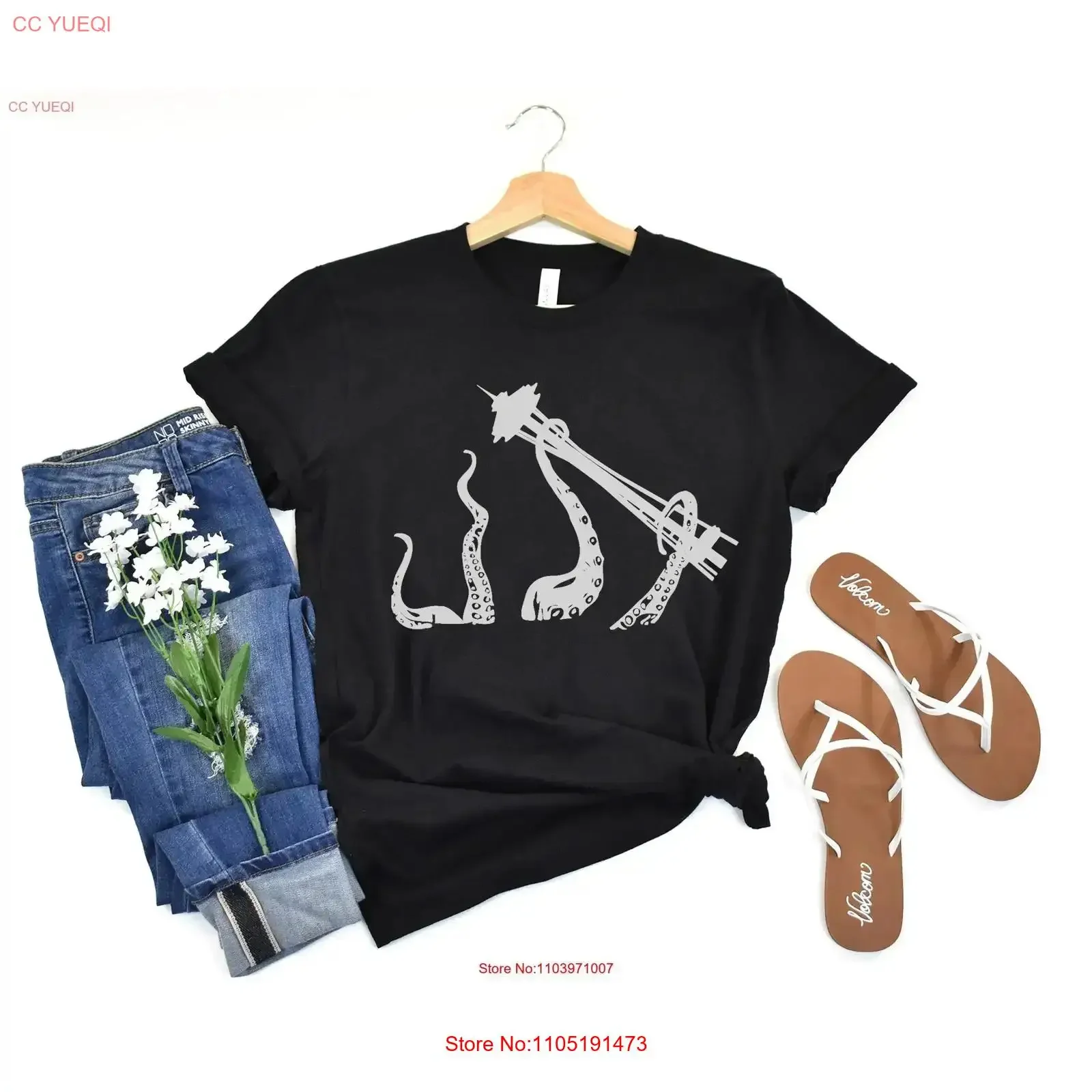 Space Needle Kraken T shirt Seattle WA for Him Her Local Pacific Northwest tee vintage Washed streetwear Versatile Stretched