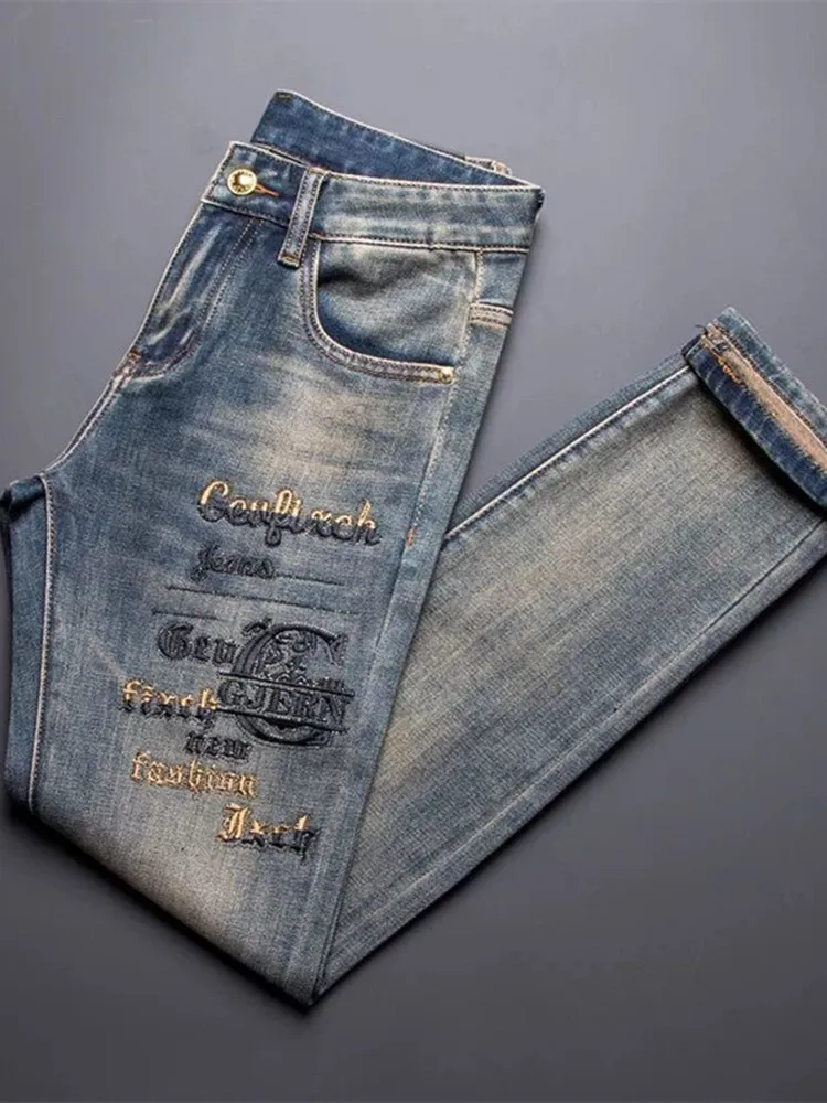 New Spring/Autumn Fashion Trendy Printed American Retro Straight Leg Jeans Men's Casual Sports High Quality Stretch Denim Pants