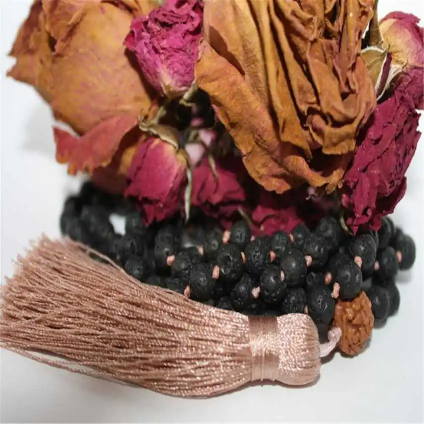 Natural Lava Rock 108 Beads Mala Necklace with Rudraksha Accent & Beige Tassel Spiritual Aromatherapy Jewelry view 3