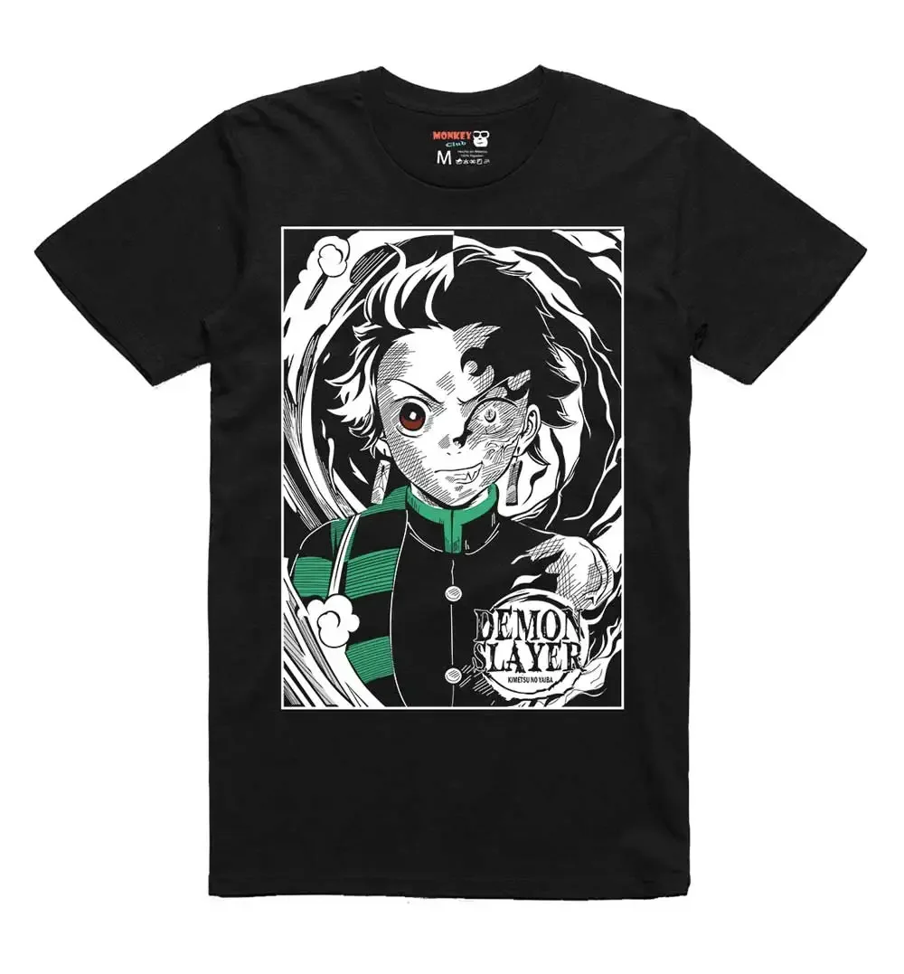 Camiseta Tanjiro Kamado Demon Slayer Flame – Pendientes Hanafuda y Hinokami Fire sobre tela texturizada