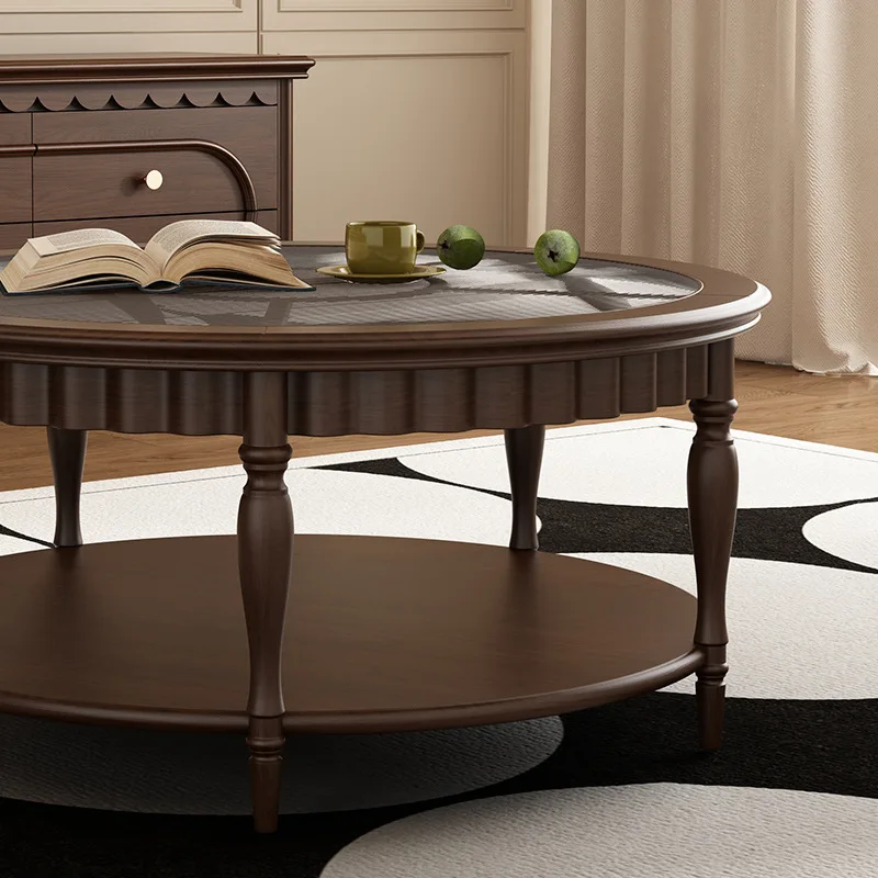 French solid wood round tea machine combination TV cabinet American retro living room tea table household living room 2024 new