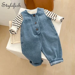 Spring New Baby Clothing 0-3 Year Old Women's Treasure Striped Top+Denim Tank Top Long Climbing 2-piece Set Can be Sorted