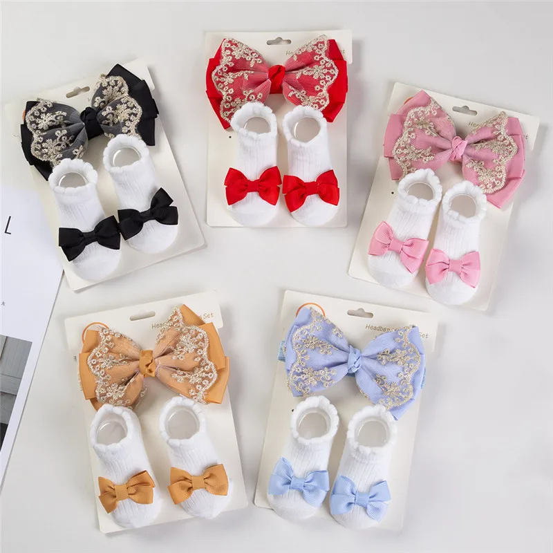 

Baby Headband Socks Set Lace Flower Newborn Hair Band Elastic Turban Girl Hair Accessories